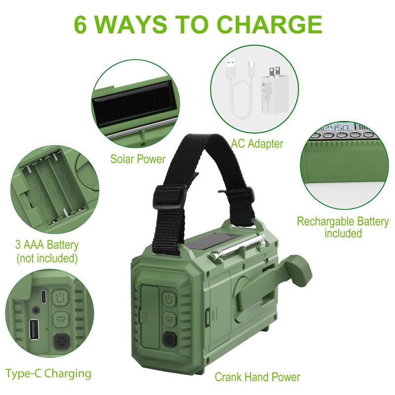 [AUSTRALIA] - Raynic Emergency Radio, 12000mAh/44400mWh Battery Operated Weather Radio, Solar Hand Crank Radio with AM/FM/SW/NOAA Alert, Cell Phone Charger, Type-C Charging, Flashlight and SOS Siren Olive-Green-LCD Display 
