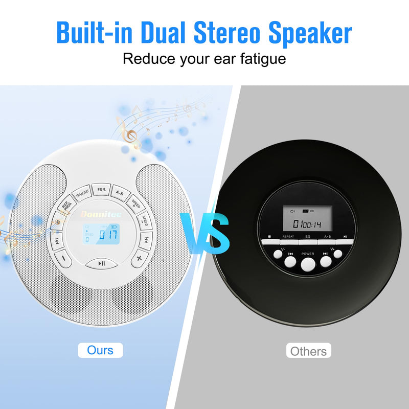 CD Player Portable, Rechargeable Dual Speakers Walkman, Bluetooth CD Player with Backlight LCD Display, support AUX/USB mode, Suitable for car,home,AUX Cable