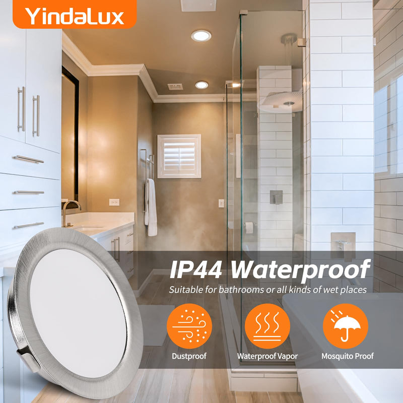 YindaLux Set of 3 LED Recessed Spotlights 230 V 3 W 3000 K Warm White Ultra Flat 300LM Bore Hole 55-58 mm and 15 mm Flat IP44 Furniture Recessed Light for Mirror Cabinet Brushed Nickel 3 Stück Brushed Stainless Steel 3000 K