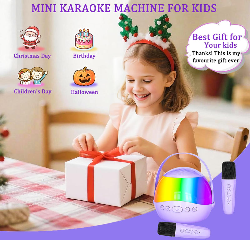 2025 New Mini Karaoke Machine Speaker for Kids Adults,Portable Bluetooth Speaker with 2 Wireless Mics,Colorful LED Lights, Home Travel & Party Play Gifts for Boys Girls (Purple) Purple
