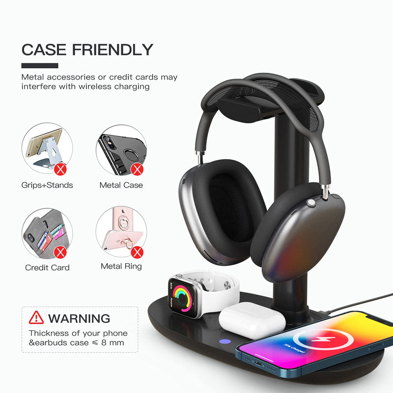 Headphone Stand with 15w Wireless Charger, Suguder 4 in 1 Qi Charging Station Headset Holder for AirPods Max/Pro/2 iWatch 7/6/5/4/3/2/1/SE iPhone 13/12/11/XS/XR/X/8 Series for Desktop Table Game,Black Black