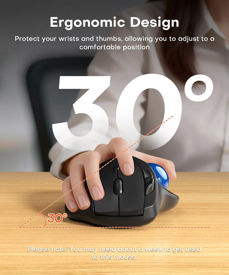 Ergonomic Wireless Trackball Mouse, 3 Device Connection, 5 Level DPI | Bluetooth or 2.4G USB Receiver Quiet Computer Mouse, 2*AAA Battery Thumb Laptop Mice for PC/Laptop/Mac/Windows Blue