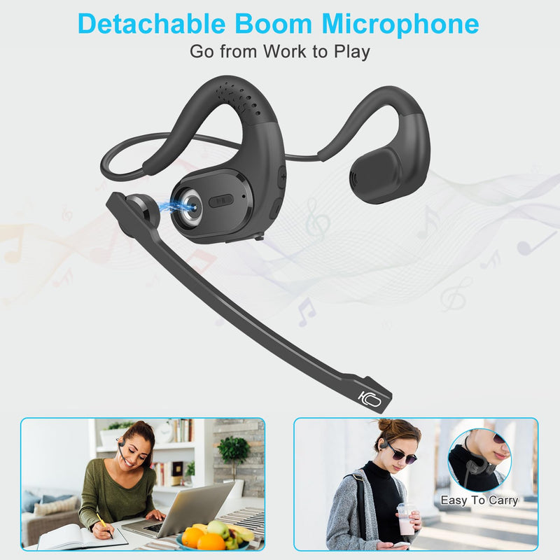 iDIGMALL Bluetooth Headset with Detachable Microphone, Multi-Point Wireless Headset w/DSP Noise Canceling Mic for Phone PC Laptop, Comfort & Light Open Ear headphones for Office Meeting Home Work, 12H G9-Black