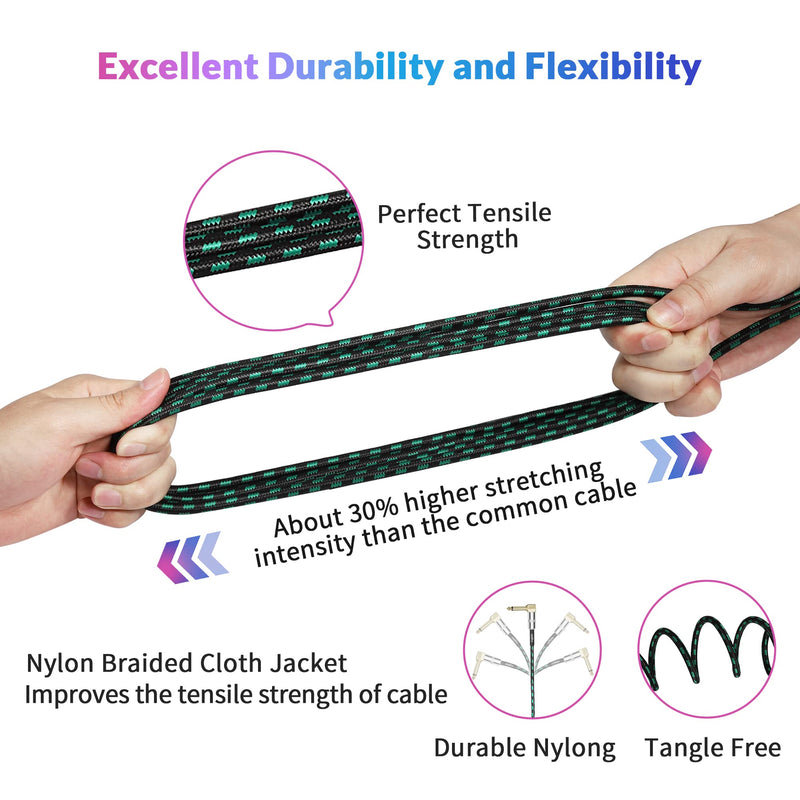 Guitar Cable 20 ft 2 Pack, Electric Instrument Bass Cable AMP Cord 1/4 Straight to Angled Dark Green Tweed 20ft Straight Angled Green Braided
