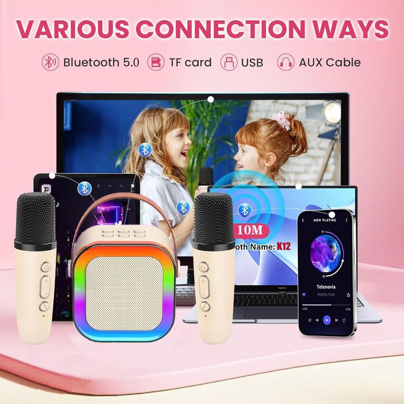 [AUSTRALIA] - Mini Karaoke Machine for Kids Adults, Birthday Easter Gifts Toys for Girls Boys Friends Age 3-12+, Portable Bluetooth Speaker with 2 Wireless Mics and LED Light for Family Home Party(Black) Black 