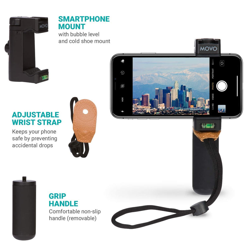 Movo PR-1 Smartphone Grip Handle Rig with Wrist Strap, Tripod Mount and Cold Shoe Mount for Lights and Microphones - for iPhone, Samsung, HTC, LG, Google, Android