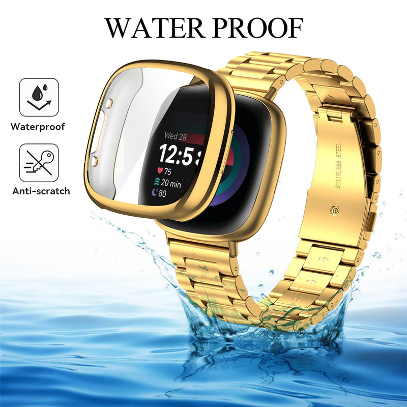 ZPJPPLX for Fitbit Versa 4 Metal Watch Band with Soft TPU Case,Compatible with Fitbit Sense 2 Stainless Steel Strap and Screen Protection Case for Men Women,Black