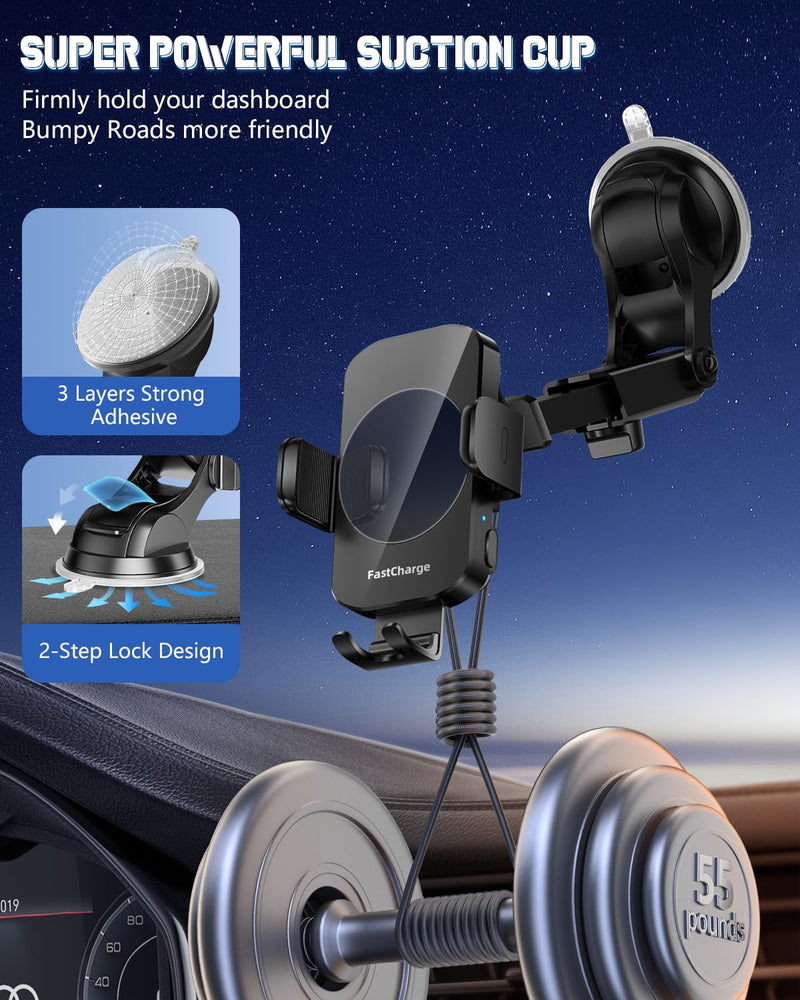 Wireless Car Charger, Fast Charging Phone Holder 3 in 1 Phone Mount Auto Clamping Car Accessories Compatible with iPhone 16 15 14 13 12 11 Xs XR, Samsung S23 Ultra S22 S21 S20/S10+ S9(Midnight Black) Midnight Black