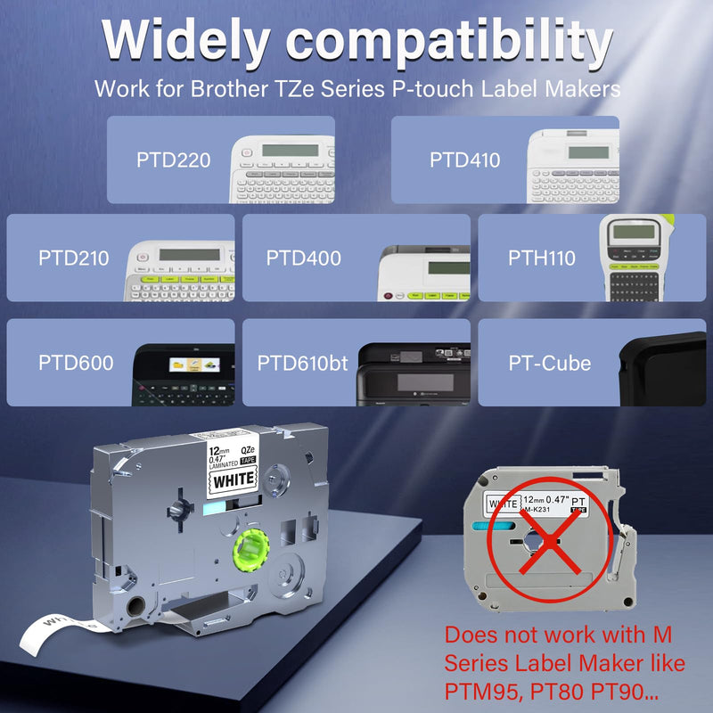 [AUSTRALIA] - 5Pack TZe-231 Tape Label Maker Compatible with Brother P-Touch TZe-231 Tape, TZE231 ½” 0.47”x 26.2 ft Laminated Black on White, for use with PT-D210, PT-H110, PT-D220, PT-D410, PT-D600 12mm 0.47" 5 
