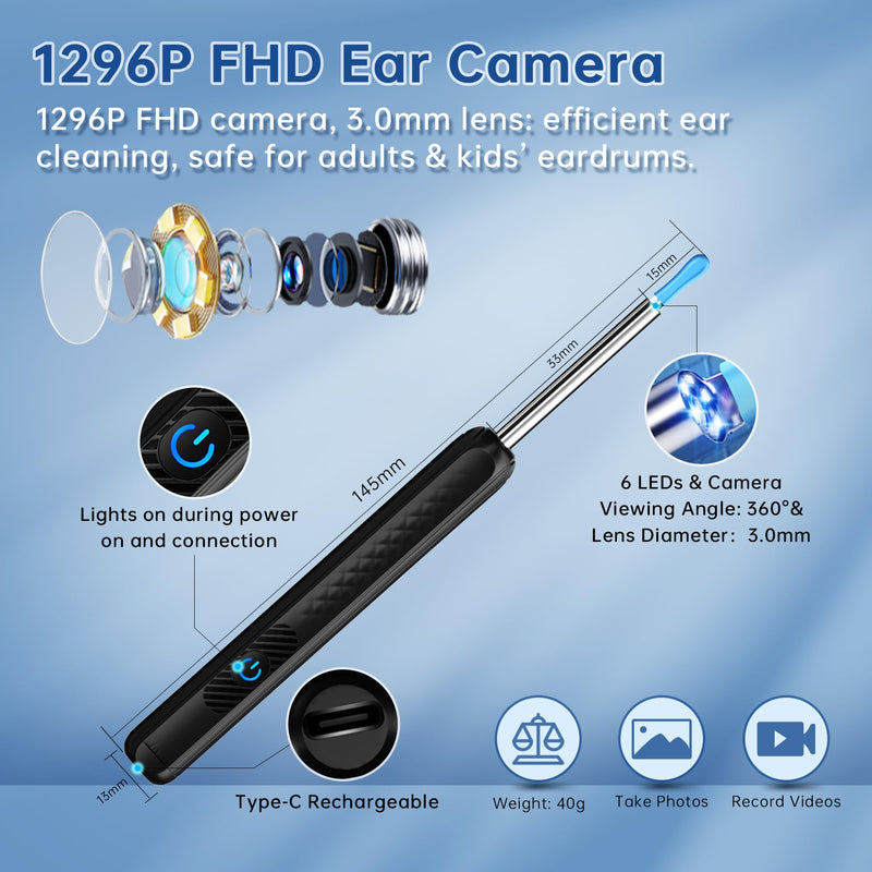 LUZOON 1296P Wifi Ear Wax Remover Otoscope, 360° Wide Angle Otoscope Camera with 6 LEDs for Adults, IP67 Waterproof Otoscope Ear for iPhone, Android, iPad