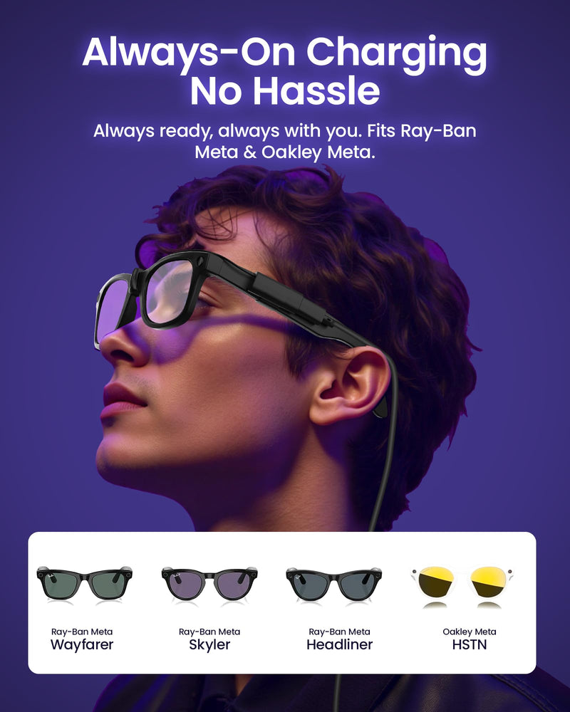 Wearable Battery Pack Charger + Charging Cable Accessories Compatible with Ray-Ban & Oakley Meta Smart Glasses Gen 1 & Gen 2, Ultra-Light Mini Power Bank with Always-On Short Cord and Bonus 1m USB-C C