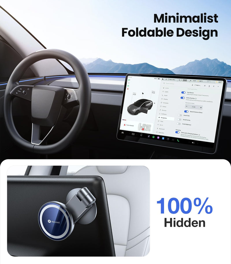 VICSEED Tesla Phone Mount【Strongest Magnet Power】 Foldable Hidden Tesla Phone Holder Fit for All Phones, Tesla Model 3/Y/Cybertruck Accessories, Tesla Model 3 Model Y for MagSafe Car Mount - Blue Deep Blue
