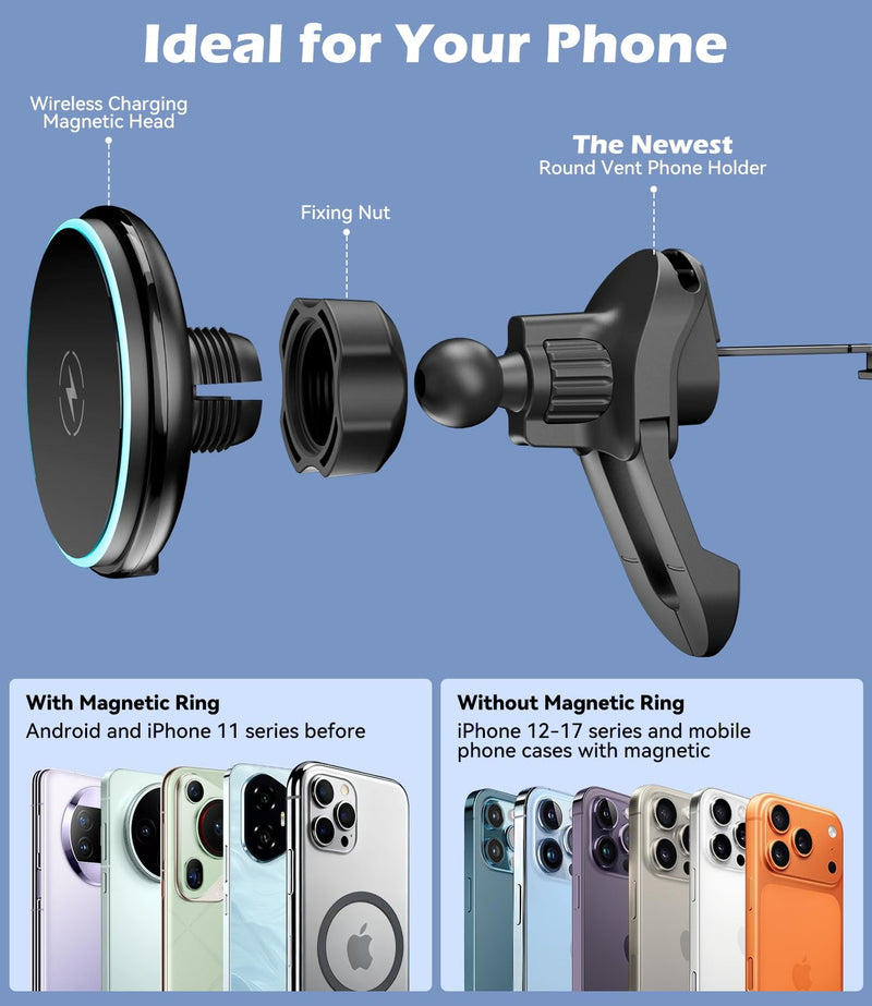 CloudValley 15W Charger Air Vent Car Mount for Mercedes Benz A/B/C/E/V/G/Class & Audi A1/A2/A3, Magnetic Wireless Charging Phone Holder for iPhone 17 Pro Max 16 15 14 13 12, Compatible with Magsafe Wireless Charging-Air Vent Car Mount