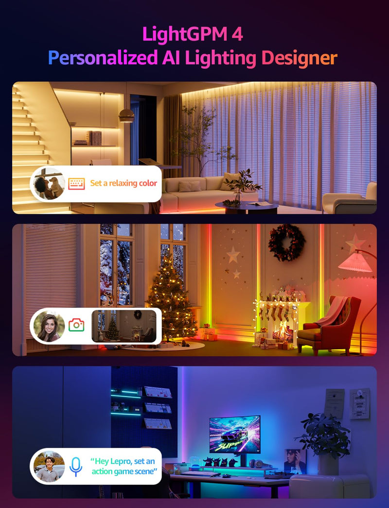 [AUSTRALIA] - Lepro S1 AI LED Strip Lights for Bedroom - 32.8ft Smart RGB Light Strips with IC and Rainbow Chasing Effects, Color Segment DIY, Personalized Al Lighting Designer, No Remote, 2.4G Wi-Fi & Bluetooth 