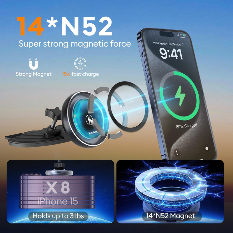 MAGJIEYX CD Slot Magnetic Wireless Car Mount Charger for iPhone 17 16-12, 3X Stable on Bumpy Roads, 99% Car/Truck-Approved, Charging Holder with 3M Dash Sticker, No Air Vent Block (38W Adapter)