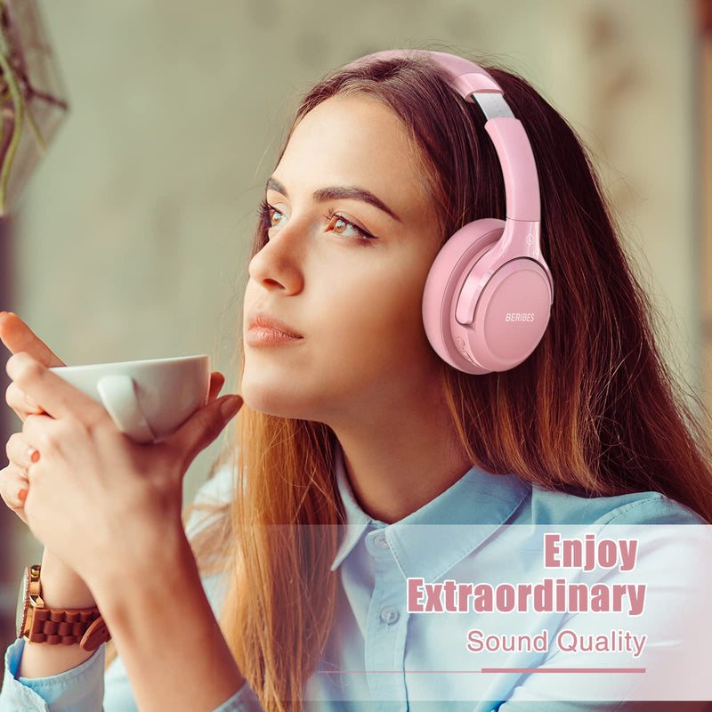 [AUSTRALIA] - Bluetooth Wireless Headphones Over Ear,BERIBES 65H Playtime and 6 EQ Music Modes with Microphone, HiFi Stereo Foldable Lightweight Headset, Deep Bass for Home Office Cellphone PC Etc.(Pink) Pink 