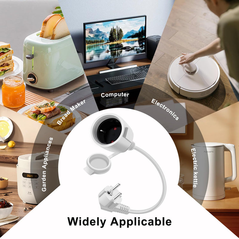 [AUSTRALIA] - HuaLiSiJi Schuko Extension Short 90 Degree Protective Contact Extension Cable 16 A / 250 V Short Cable 2 AC for IP44 Socket for Outdoor or Indoor Use, Home, Office (White, 0.5 m) 0.5m White 