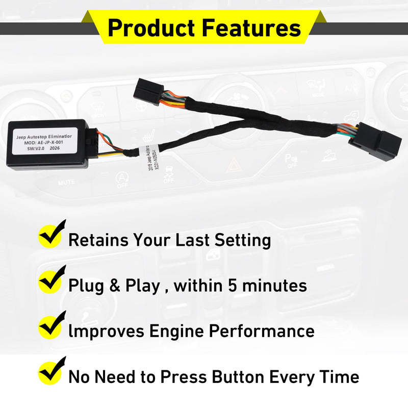Auto Start Stop Eliminator for Jeep Wrangler JL & Gladiator JT | 2019 2020 2021 2022 2023 2024 Autostop Eliminator Engine Auto Start Disable Plug and Play Accessories