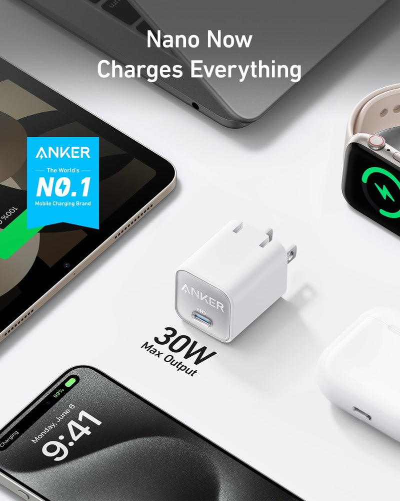 USB C GaN Charger 30W, Anker 511 Charger (Nano 3), PIQ 3.0 Foldable PPS Fast Charger for iPhone 15/15 Pro/14/14 Pro Max/13, Galaxy, iPad (Cable Not Included) - Aurora White