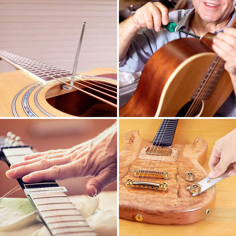 28PCS Guitar Tool Kit,Guitar Repair Tools Kit,Professional Guitar Repairing Maintenance Tool Kit with Wire Plier String Organizer Fingerboard Protector Hex Wrenches Files String Action Ruler Spanner 28PCS