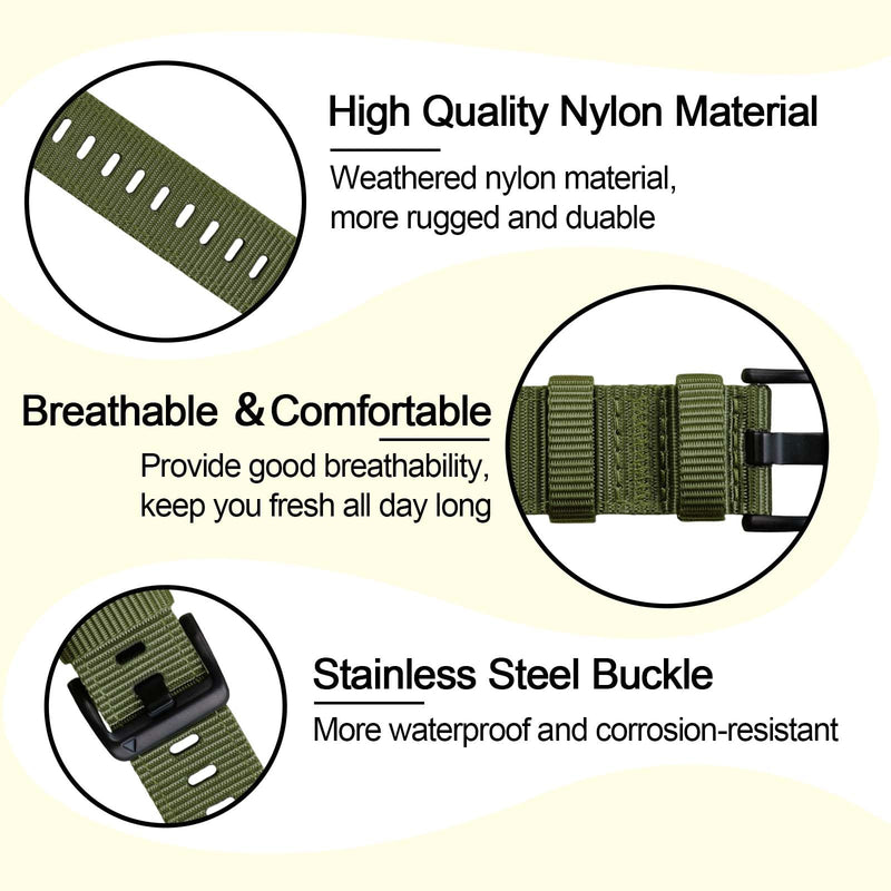 Rugged Nylon Watch Band Compatible with Garmin Instinct 1/2/3/E 45mm Strap | For Garmin Instinct watch band with perforated lightweight, breathable fabric nylon helps air flow and dries quickly 3 Pack: Black+Khaki+Green (Black buckle)