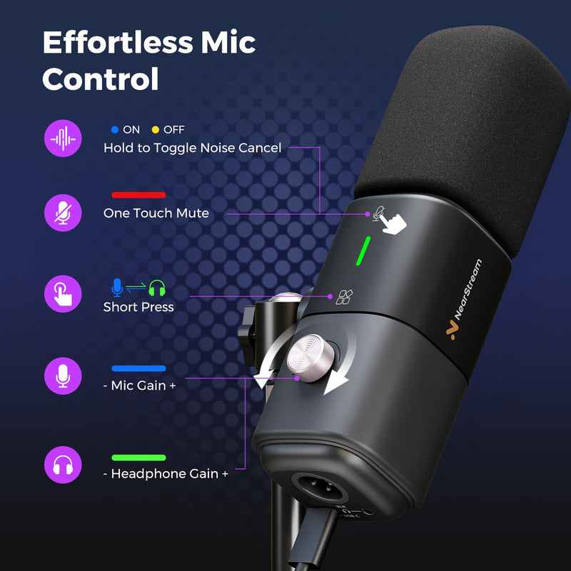 NearStream AM25X Gen2 XLR/USB Condenser Microphone with Noise Canceling/Volume Control/Headphone Jack/Mute, Podcast Microphone for PC/Audio Mixer, Desktop Mic for Stream/Podcast/Gaming/Music Record AM25X XLR/USB Mic with Desk Stand