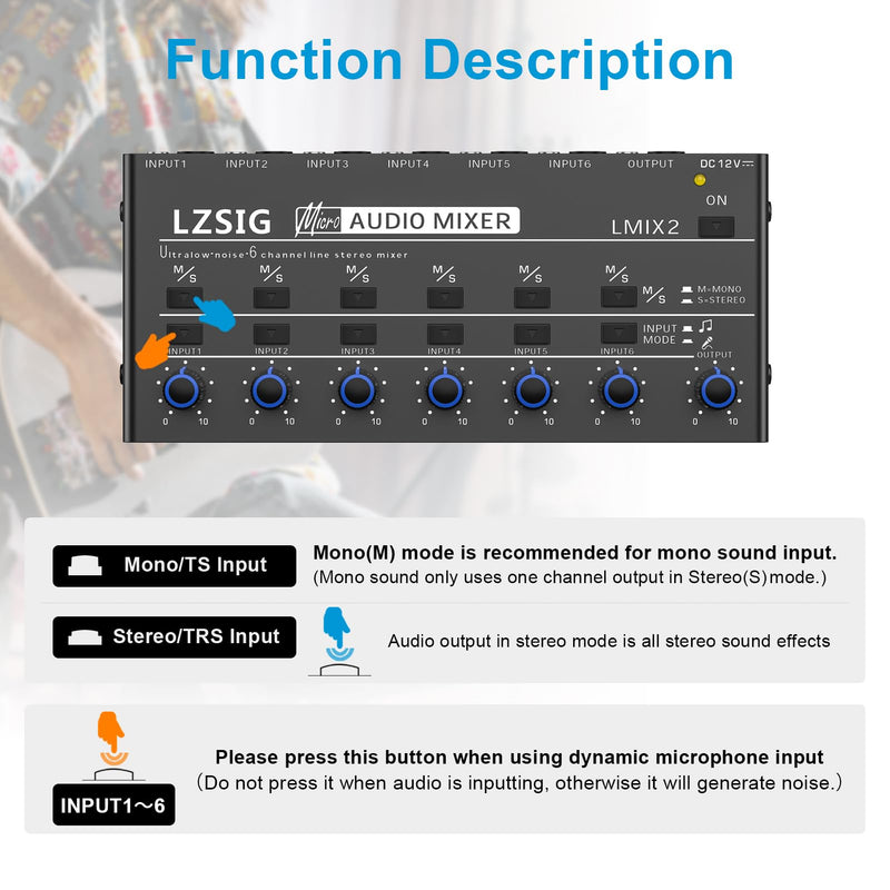 LZSIG Mini Audio Mixer,Stereo Line Mixer for Sub-Mixing,Ultra Low-Noise,6-Channel,Microphone Independent Control, 1/4" & 1/8" TRS Output and Input, for Guitars,Bass,Keyboards Medium(6-channel)