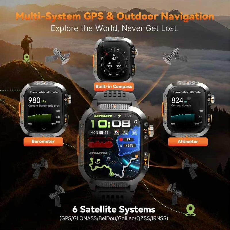 Military Fitness Tracker Smart Watch for Men, Square Black, 1.7" HD | Multiple Sports Modes, 600mAh Battery, IP68 Waterproof, SpO2 Monitor, Flashlight