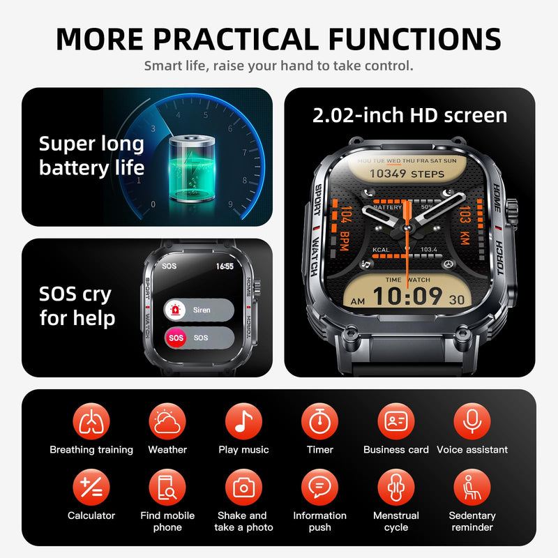 Military Smart Watch Sport Fitness Tracker, with LED Flashlight, 3ATM Waterproof, Answer/Make Calls Message Notification,Heart Rate Blood Oxygen Sleep Monitor, 2.02“ Big Screen, for iPhone/Android