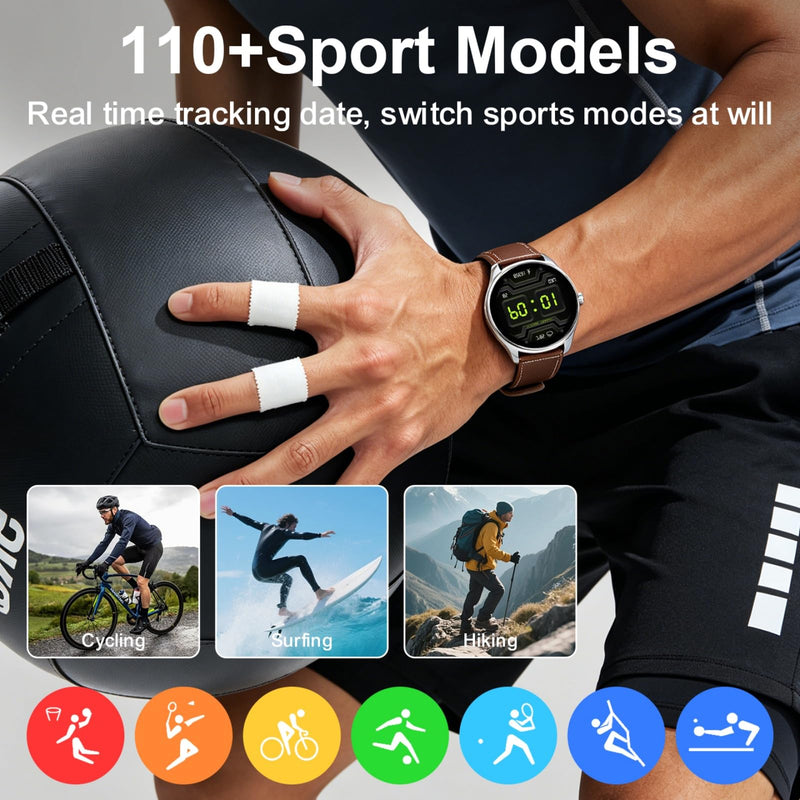 Smart Watches for Men, 1.43" AMOLED HD Screen 6.8mm Ultra Thin Men's Wrist Watches, Answer/Make Call for Android iPhone, Monitor Heart Rate Blood Oxygen Sleep Mens Leather Watch (Brown)