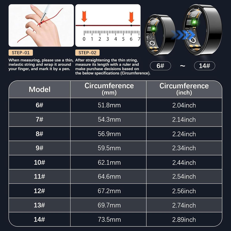 Smart Ring for Women Men, Fit Ring with Heart Rate, Blood Oxygen,Stress, Sleep Tracker, Step Tracker, Fitness Rings No Subscription Fee, IP68 Waterproof Smart Ring for iPhone & Android (Black, 9#) Black 9#