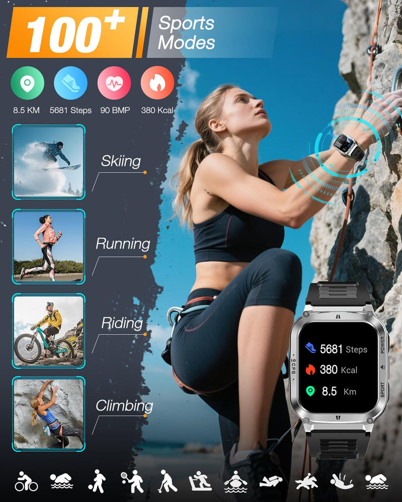 Rugged Durable Smartwatch for Men - 1.83" AMOLED Touchscreen, GPS Map | Military-Grade Tactical Watch, Bluetooth Calling, 7-Day Battery Life Silver