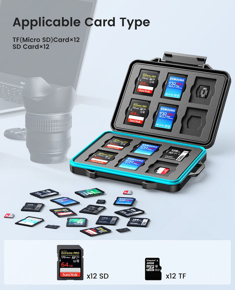ORICO 24 Slots SD Card Case Holder for 12 SD TF Card Waterproof Shock Resistant Memory SD Card Carrying Storage Organizer Box with Labels TF(Micro SD) Card×12,SD Card×12
