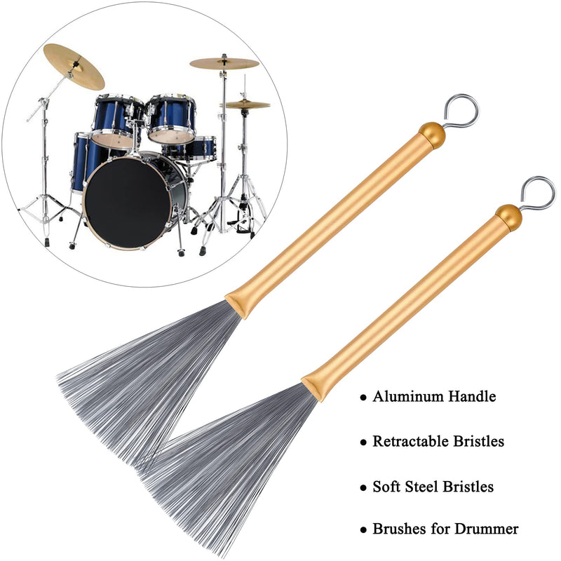1 Pair Retractable Drum Wire Brushes with Comfortable Aluminum Handles and 1 Pair Rods Drum Sricks Brush for Jazz Cajon Folk Rock Band Drummers Amateurs Beginners (Gold) Gold