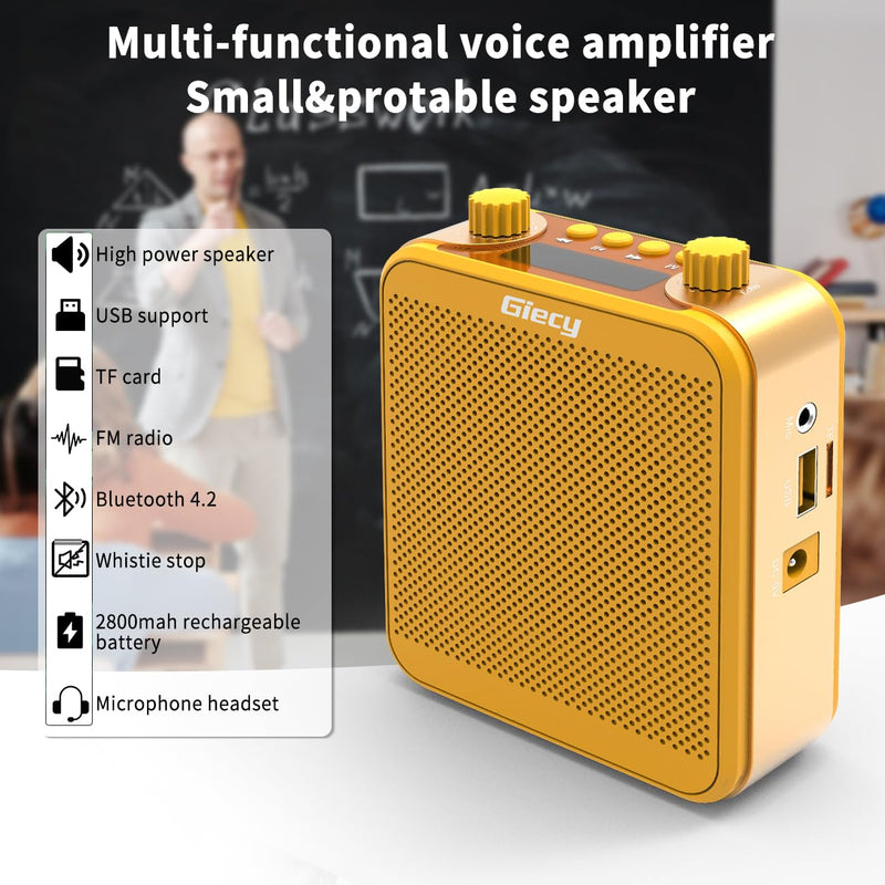 [AUSTRALIA] - Voice Amplifier, Giecy 30W 2800mAh Rechargeable Personal Voice Amplifier with Microphone Headset, Portable Speaker for Multiple Locations Classroom, Meetings and Outdoors (G300-Yellow) G300-Yellow 