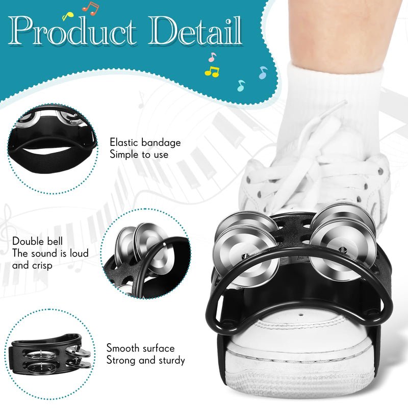[AUSTRALIA] - 4 Pcs Foot Tambourine Percussion Musical Instrument foot tambourines for adults Foot Percussion Pedal with Metal Bells Shoe Tambourines Shakers for Drum Guitar Playing(Black) Black 