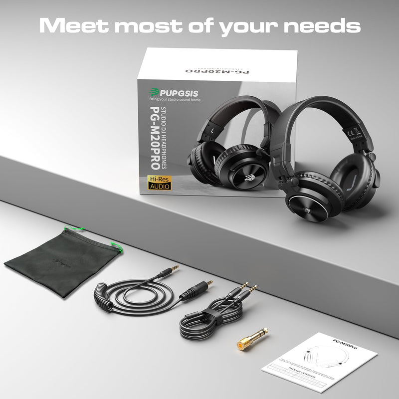 PUPGSIS Wired Over Ear Headphones: Studio Monitor Headphones - Professional 40kHz Hi-Res DJ Stereo Headphones - 1/4 to 3.5mm Audio Jack for Recording/Mixing/Podcast/Guitar/Piano Black