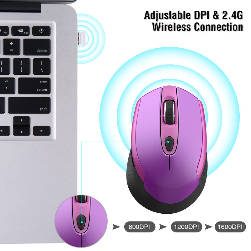 RaceGT Wireless Computer Mouse, 2.4G Silent Cordless Mouse for Laptop, Mouse with 6 Buttons and 3 Adjustable DPI for Laptop, Deskbtop, MacBook , PC (Purple) purple