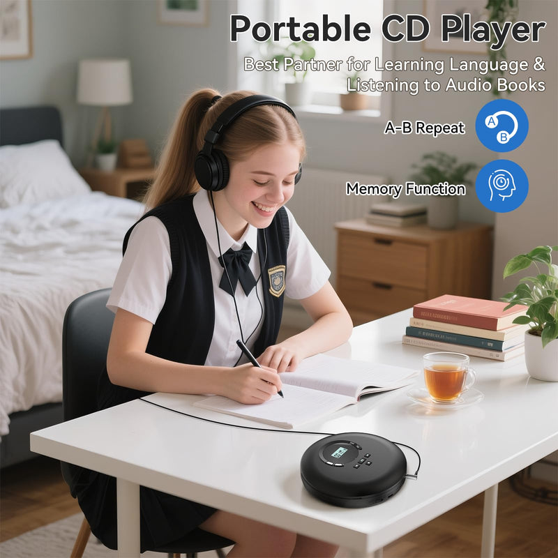 [AUSTRALIA] - Gueray CD Player Portable CD Discman Portable CD Player for Car with Anti-Skip Shockproof Personal CD Player with Headphones LCD Display Support PROG Memory Function Repeat Playback BASS Effet Black 