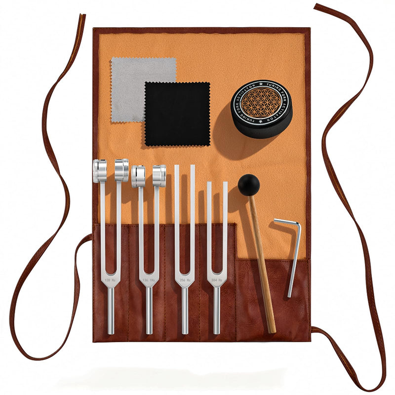 Tuning Forks for Healing Set,‌ Complete Healing Sound Set - 4-Tuning Forks (128Hz, 136.1Hz, 256Hz, 384Hz) + Accessories for Meditation, Yoga & Stress Relief‌