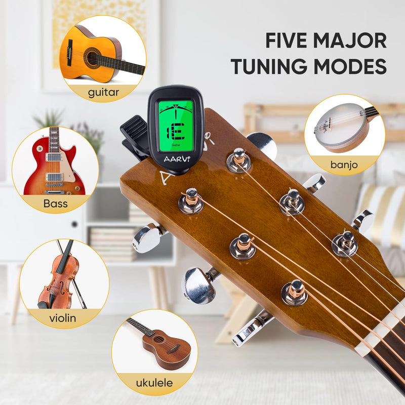 [AUSTRALIA] - Clip On Guitar Tuner 5 Pack for All Instruments, Acoustic/Electric Guitar, Ukulele, Bass, Violin, Banjo, Large Clear LCD Display for Guitar Tuner, Chromatic Tuner, 20 Pack Guitar Picks Included A-tuner Black-5-Pack 