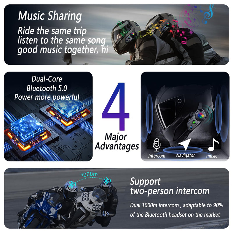 Q18 Motorcycle Bluetooth Intercom 1000m 2 Riders, 1 Pack | 2 Riders 1000m Motorcycle Intercom, Music Sharing, HiFi Stereo Sound, CVC Noise Reduction, Automatic Response Q18-1Pack