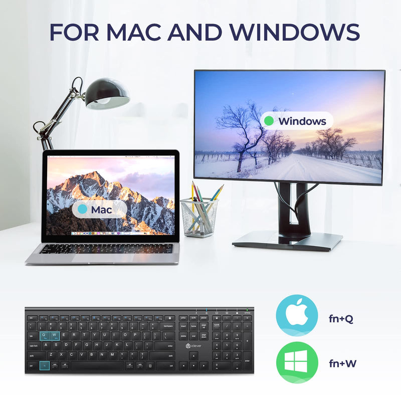 iClever GK20 2.4G Wireless Keyboard, USB-C Rechargeable Stainless Steel Ultra Slim Full Size Keyboard with Numeric Keypad for Windows 7/8/10, Mac, Chromes OS, iMac, MacBook Air/Pro, Laptop, Desktop PC Black