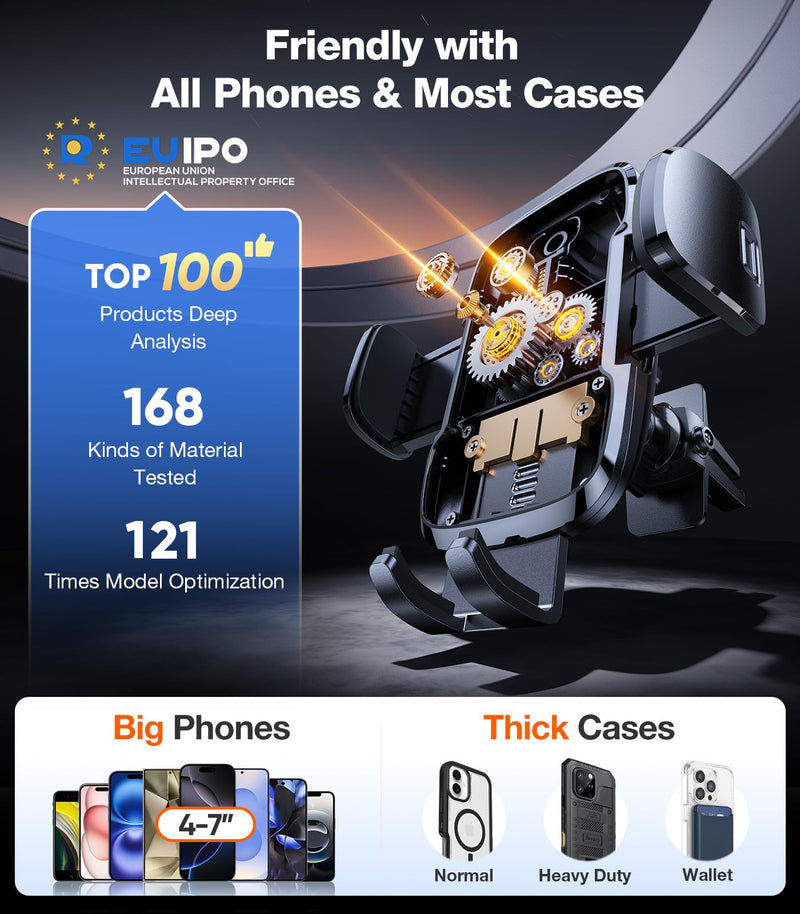 TORRAS Ultra-Durable Phone Holders for Your Car【96+LBS Strongest Suction】 Car Phone Holder Mount, Safety Certs Cell Phone Car Mount Truck for Dashboard Windshield Vent for iPhone 17 16 15 14 Pro Max Black