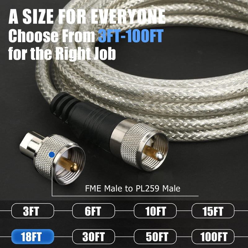 Ullnosoo CB Coax Cable 18ft, CB Radio Antenna Cable RG8X Coaxial Cable with PL-259 Male to FME Female/ PL259 Male Connector, Low Loss for HAM Radio, VHF Radio, Marine Antenna, SWR Meter with FME Adapter