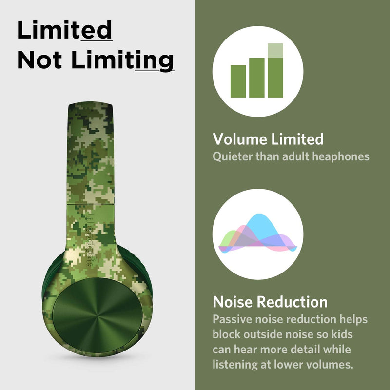 LilGadgets Connect+ Pro Wired Kids Headphones for School with Microphone, Volume Limiting Over-Ear Headset with Cord, SharePort Technology & SoftTouch Padding, Green Digital Camo Printed