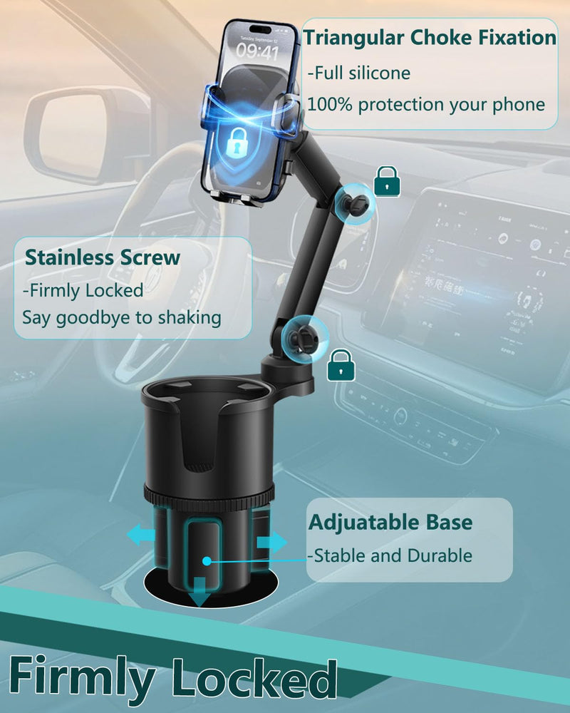 2-in-1 Cup Phone Holder for Car, 360° Adjustable Car Phone Mount | Anti-Slip Phone Cup Holder Long Arm, Fits 2.5–4" Cup Slots, Stable Holds Phones & Large Bottles, Compatible iPhone 17/16 Pro black