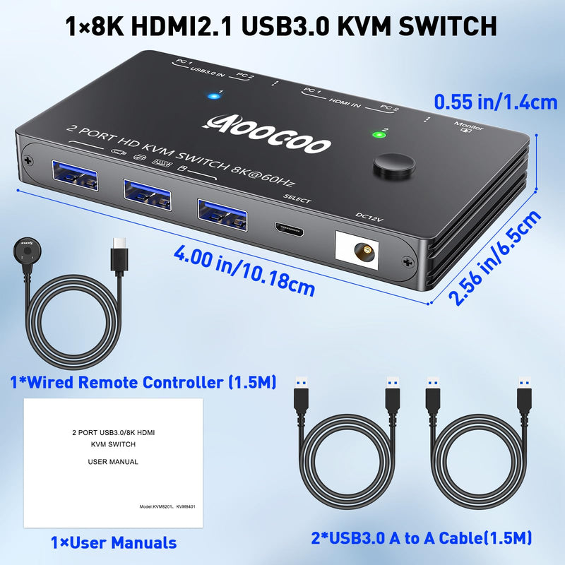 HDMI2.1 KVM Switch 2 Computers 1 Monitor, 8K@60Hz Single Monitor KVM Switch for 2 PC Share 1 Monitor and USB3.0 Devices, with USB Cables,Controller and Power Adapter Black 11cm HDMI KVM Switch 2 in 1 out