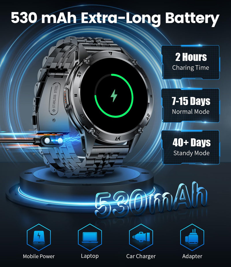 LIGE Military Smart Watch for Men iPhone Android 1.43" HD Amoled Rugged 120+ Sport Modes IP68 Waterproof Answer/Make Call Fitness Running Heart Rate Blood Pressure Health Mens Smartwatch EF6-E Gun Black Black