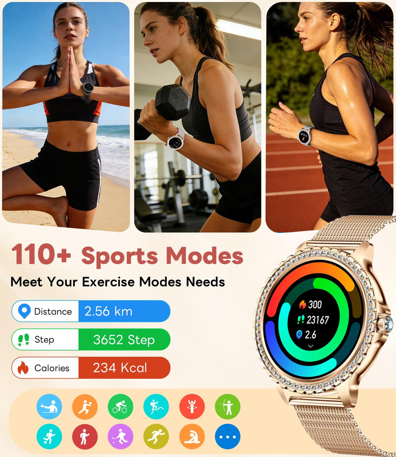 Smart Watch for Women Diamond, Bluetooth Calls, 1.32-inch HD Screen Round Fitness Tracker with Menstrual Cycle/Sleep/Heart Rate Monitor, 100+ Sports Mode, Android/iOS Phone, Rose Gold